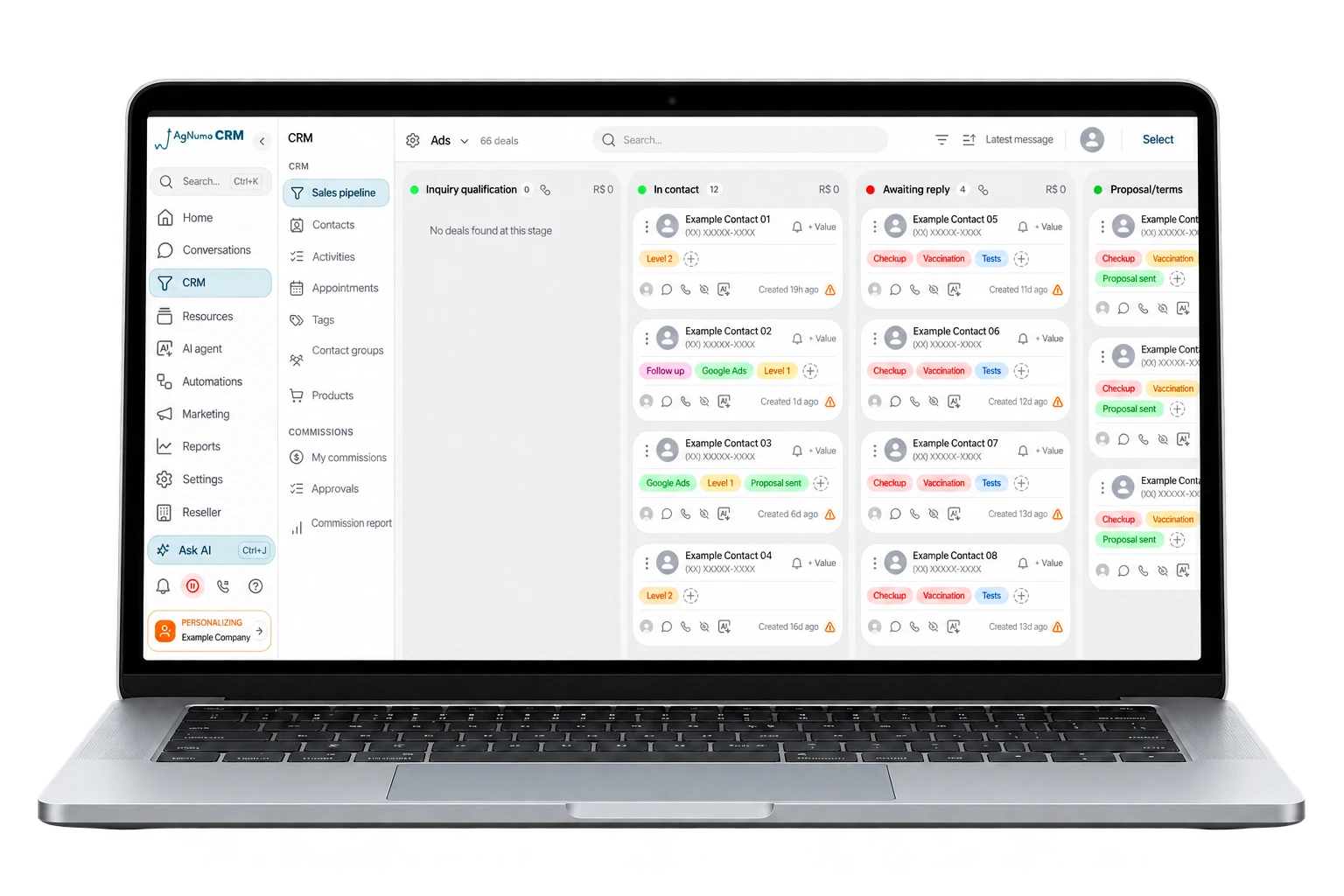 AgNumo CRM sales pipeline in a laptop mockup
