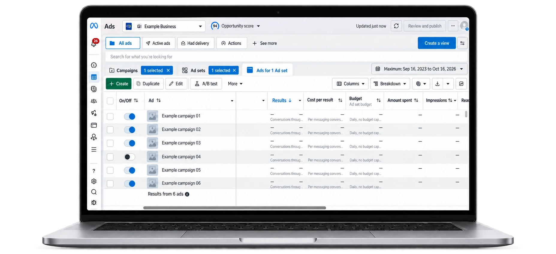 Meta Ads Manager with example campaigns and anonymized data