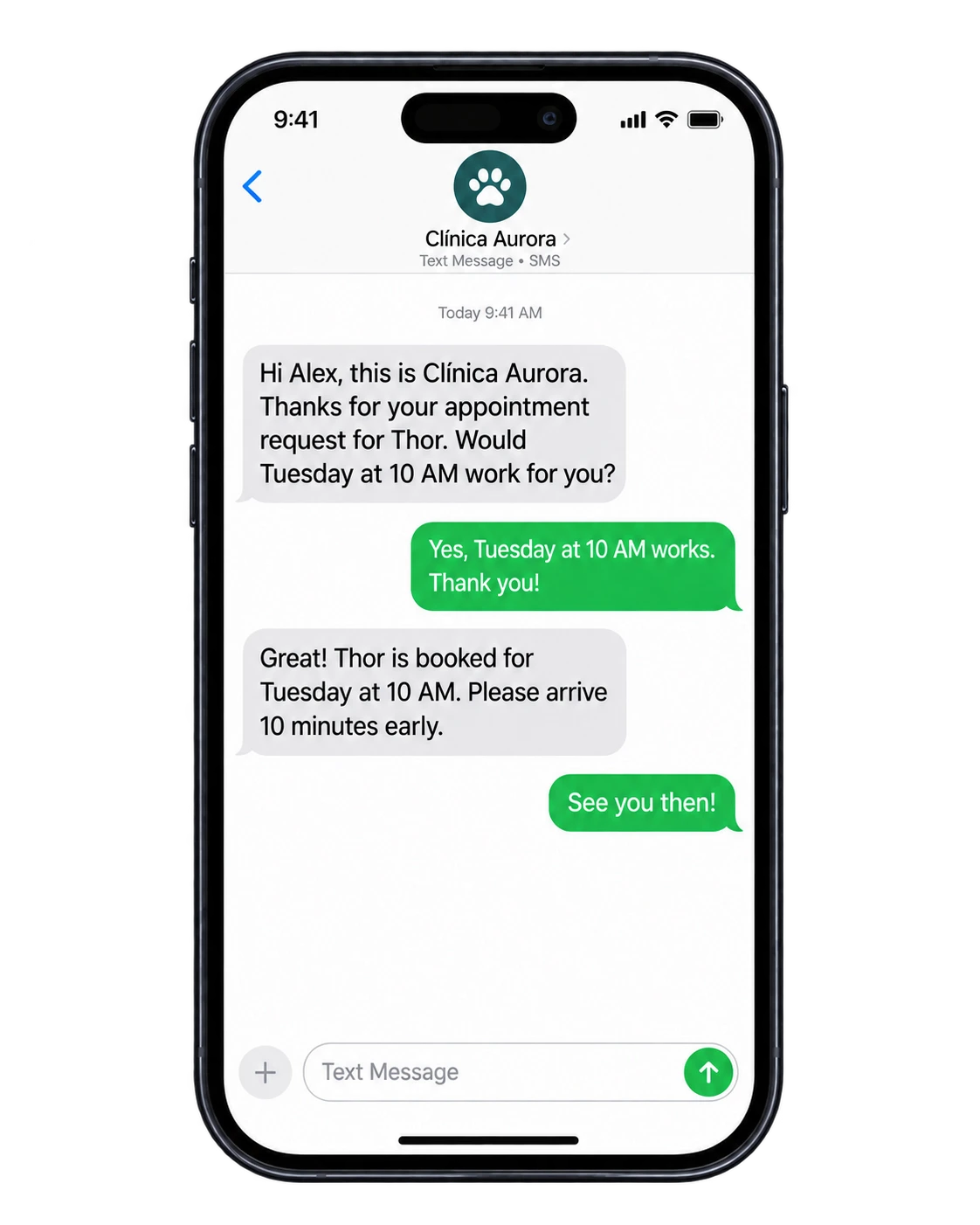 SMS appointment confirmation after a website form request